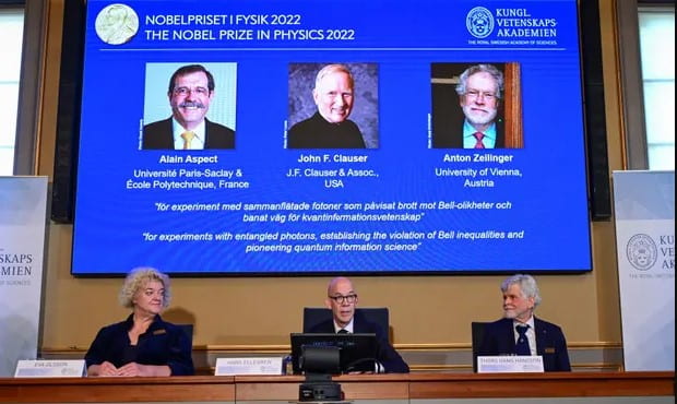 The Nobel committee for physics announces the winners of the 2022 physics prize during a news conference at in Stockholm on Tuesday. Photograph: Tt News Agency/Reuters